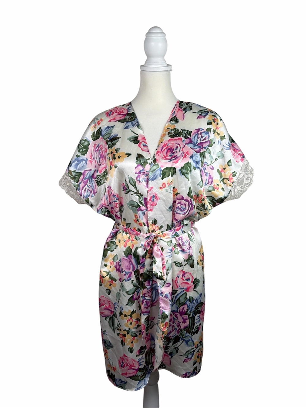 Vintage California Miss Floral Satin Robe Cottagecore Romantic Lace Trim Belted